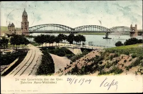 Ak Mainz am Rhein, neue Kaiserbrücke über den Rhein, Bahnlinie Mainz Wiesbaden