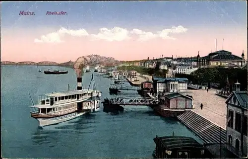 Ak Mainz am Rhein, Rheinufer, Dampferanlegestelle