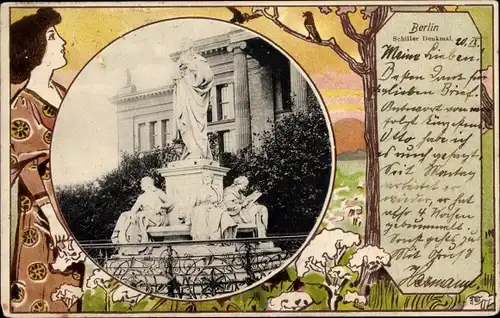 Ak Berlin Mitte, Schiller-Denkmal, Frau, Vogel am Baum