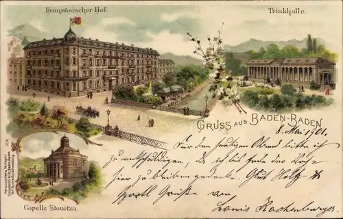 Litho  Baden Baden am Schwarzwald, Trinkhalle, Französischer Hof, Kapelle Stourtza