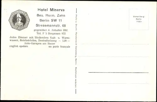 Ak Berlin Kreuzberg, Hotel Minerva, Stresemannstraße 68