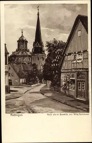 Künstler Ak Aschmann, Willy, Rellingen in Schleswig Holstein, Schmidt's Weinstuben, Kirche