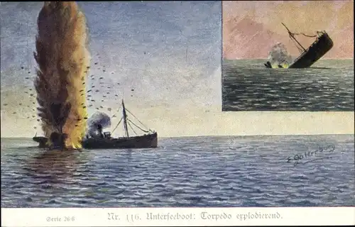 Künstler Ak Gattersburg, E., Deutsches U Boot, Torpedo explodierend