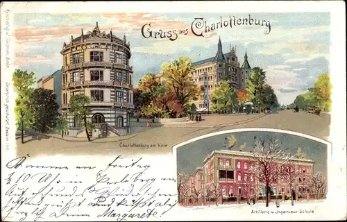 Litho Berlin Charlottenburg, Partie am Knie, Gebäude, Artillerie u. Ingenieurschule, Außenansicht