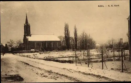 Ak Axel Zeeland Niederlande, R. K. Kerk im Winter