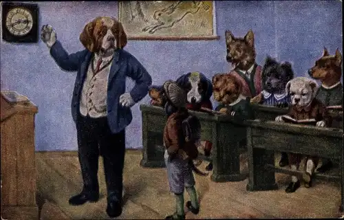 Künstler Ak Vermenschlichte Hunde in der Schule, Lehrer, Dackel, Der Frechdachs
