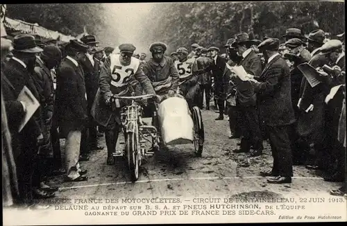 Ak Grand Prix de France des Motocyclettes, Circuit de Fontainebleau 1913, Delaune, Pneus Hutchinson