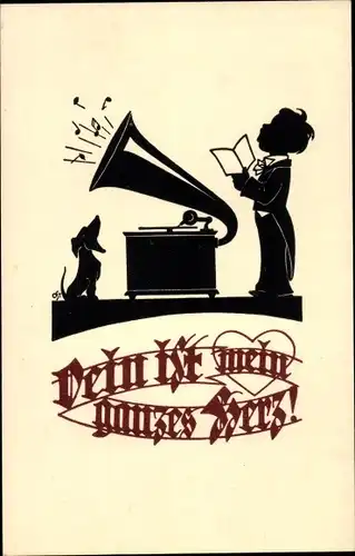 Scherenschnitt Ak Dein ist mein ganzes Herz, Schallplattenspieler, Dackel, Grammophon
