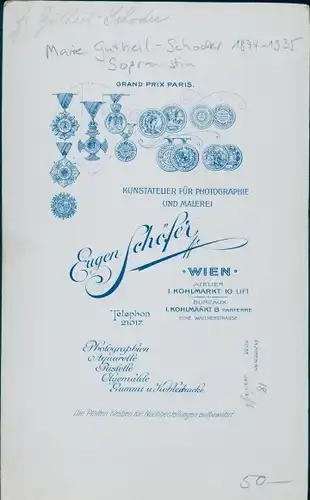 Kabinett Foto Wien 1. Innere Stadt Österreich, Opernsängerin Marie Gutheil Schoder, Hofoper Wien