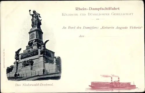 Ak Rüdesheim am Rhein, Niederwald Denkmal, Rheindampfer Kaiserin Auguste Victoria