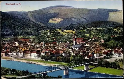 Ak Eberbach am Neckar Odenwald Baden, Panorama vom Ort, Brücke