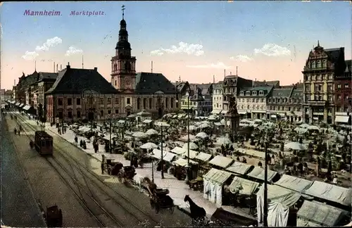 Ak Mannheim in Baden, Marktplatz mit Rathaus, Straßenbahn