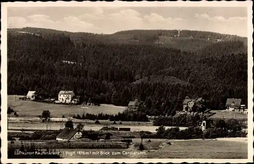 Ak Morgenröthe Rautenkranz im Vogtland, Blick zum Carolaturm, Wohnhäuser, Wald