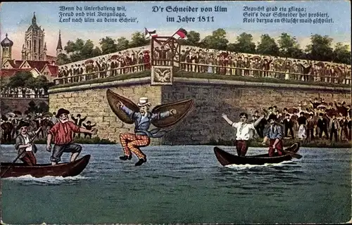 Künstler Ak Ulm an der Donau, D'r Schneider von Ulm im Jahr 1811, Flügel