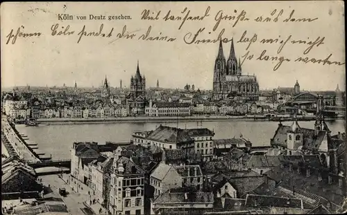 Ak Köln am Rhein, Blick von Deutz auf die Stadt, Dom, Brücke