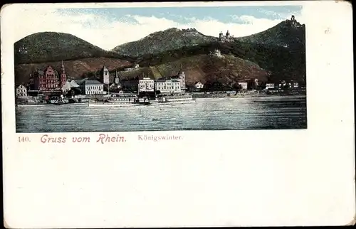 Ak Königswinter, Blick vom Rhein auf den Ort und die Burgen