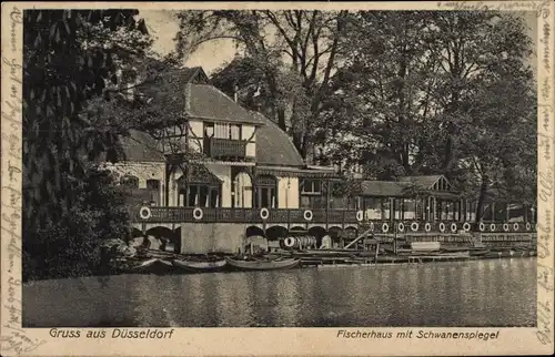 Ak Düsseldorf am Rhein, Fischerhaus mit Schwanenspiegel, Boote