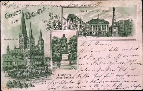 Litho Bonn am Rhein, Marktplatz, Ernst-Moritz-Arndt-Denkmal, Münsterkirche