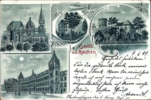 Mondschein Litho Aachen in Nordrhein Westfalen, Dom, Frankenburg, Hauptpost, Linzenhäuschen