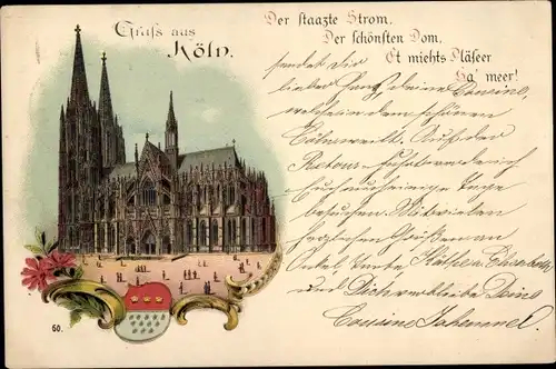 Litho Köln am Rhein, Partie am Dom, Wappen, Gedicht