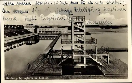 Ak Duisburg im Ruhrgebiet, Springturm mit Stadion