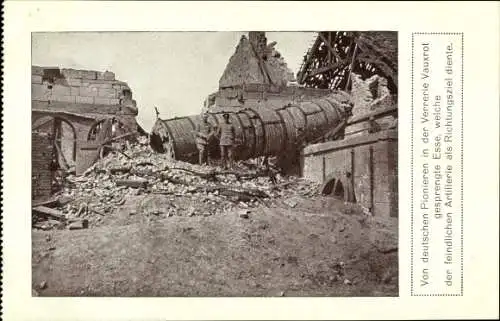 Ak Cuffies Aisne, Verrerie de Vauxrot, von deutschen Pionieren gesprengte Esse