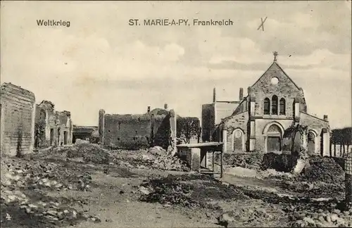 Ak Sainte Marie à Py Marne, Weltkrieg, Ruinen