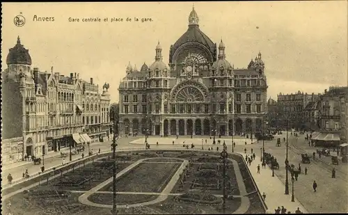 Ak Anvers Antwerpen Flandern, Gare centrale et place de la gare