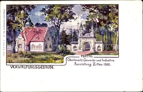 Ak Zittau in der Oberlausitz, Gewerbe- u. Industrieaustellung 1902, Verwaltungsgebäude, Portal