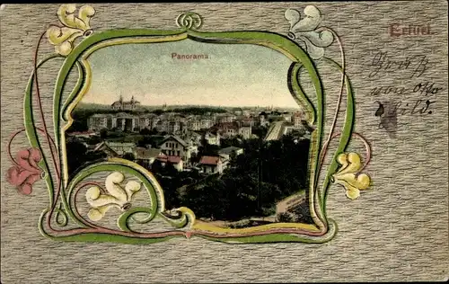 Jugendstil Passepartout Ak Erfurt in Thüringen, Panorama vom Ort