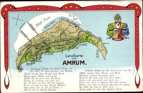 Landkarten Ak Insel Amrum in Nordfriesland, Gesamtansicht, Wappen, Gedicht
