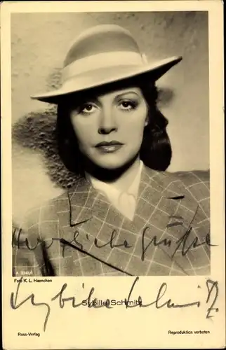 Ak Schauspielerin Sybille Schmitz, Portrait, Hut, Autogramm
