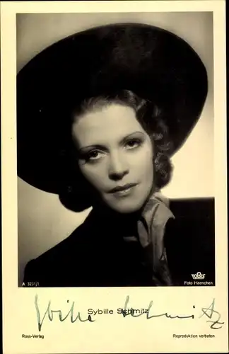 Ak Schauspielerin Sybille Schmitz, Portrait mit Hut, Autogramm