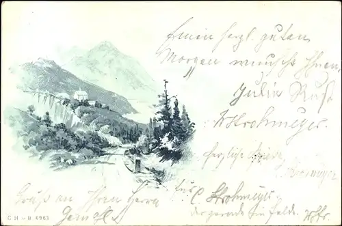 Litho Landschaft mit Bergen  und Kapelle