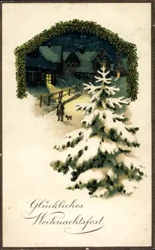 Ak Glückwunsch Weihnachten, Schneebedeckter Tannenbaum, Ortschaft, Mann mit Hund