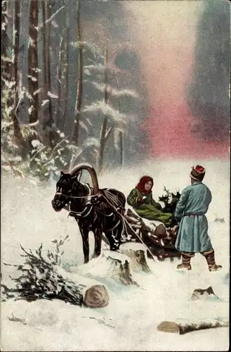 Ak Winterlandschaft mit Schlittengespann, Paar in russischen Trachten