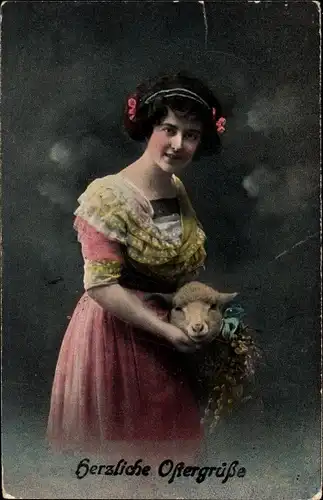 Ak Glückwunsch Ostern, Frau mit Lamm und Weidenkätzchen