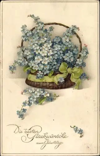 Ak Glückwunsch Geburtstag, Korb mit Vergissmeinnicht