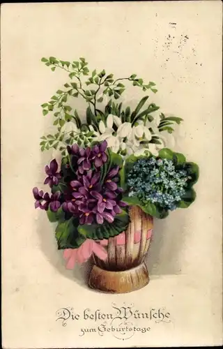 Ak Glückwunsch Geburtstag, Blumenvase mit Schneeglöckchen, Veilchen und Vergissmeinnicht