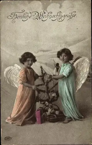 Ak Glückwunsch Weihnachten, Zwei Engel mit Tannenbaum