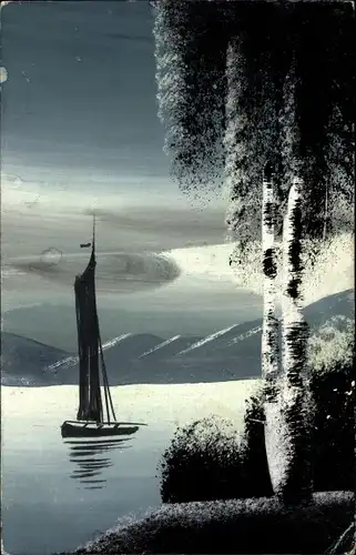Handgemalt Ak Landschaft mit Segelboot auf dem Wasser