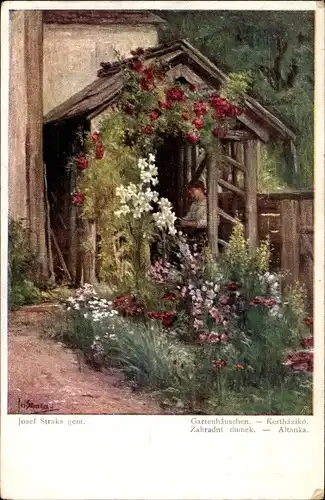 Künstler Ak Straka, Josef, Gartenhäuschen, Blumen