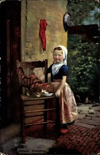 Ak Walcheren Zeeland, Nenke und Ostermaier, 174 3065, Photochromie, Mädchen in Tracht, Katze