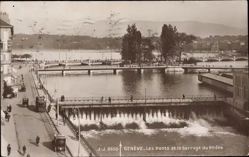 Ak Genève Genf Schweiz, Les Ponts et le barrage du Rhone