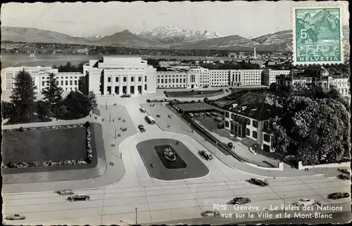 Ak Genève Genf Schweiz, Le Palais des Nations sur la Ville et le Mont Blanc