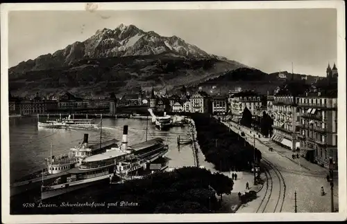 Ak Luzern Stadt Schweiz, Schweizerhofquai und Pilatus, Salondampfer