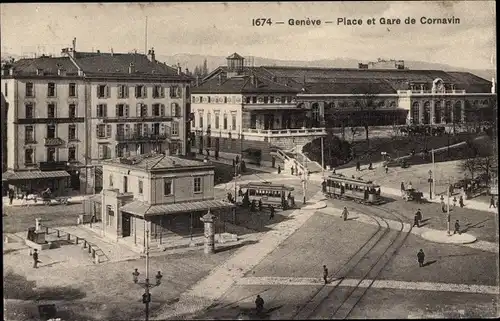 Ak Genf, vue générale de la Place et la Gare Cornavin, Straßenbahn