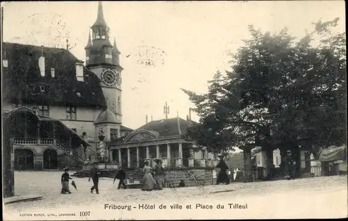 Ak Fribourg Freiburg Stadt Schweiz, Hôtel de ville et Place du Tilleul