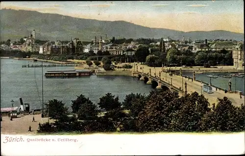 Ak Zürich, Quai Brücke und Uetliberg, Straßenbahn, 1904