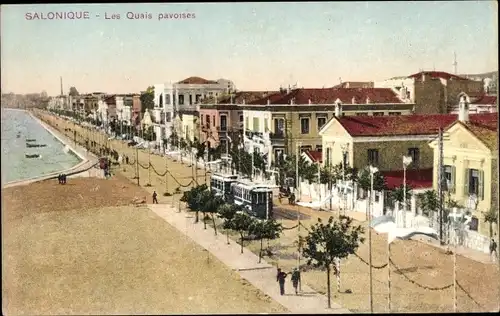 Ak Saloniki Thessaloniki Griechenland, Les Quais pavoises, Straßenbahn